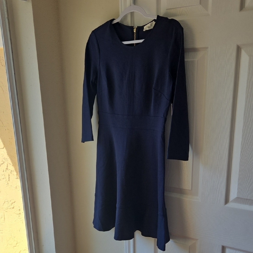 Eliza J Navy Dress Size 10 NWT Gold Zipper 3/4 Sleeves Modest